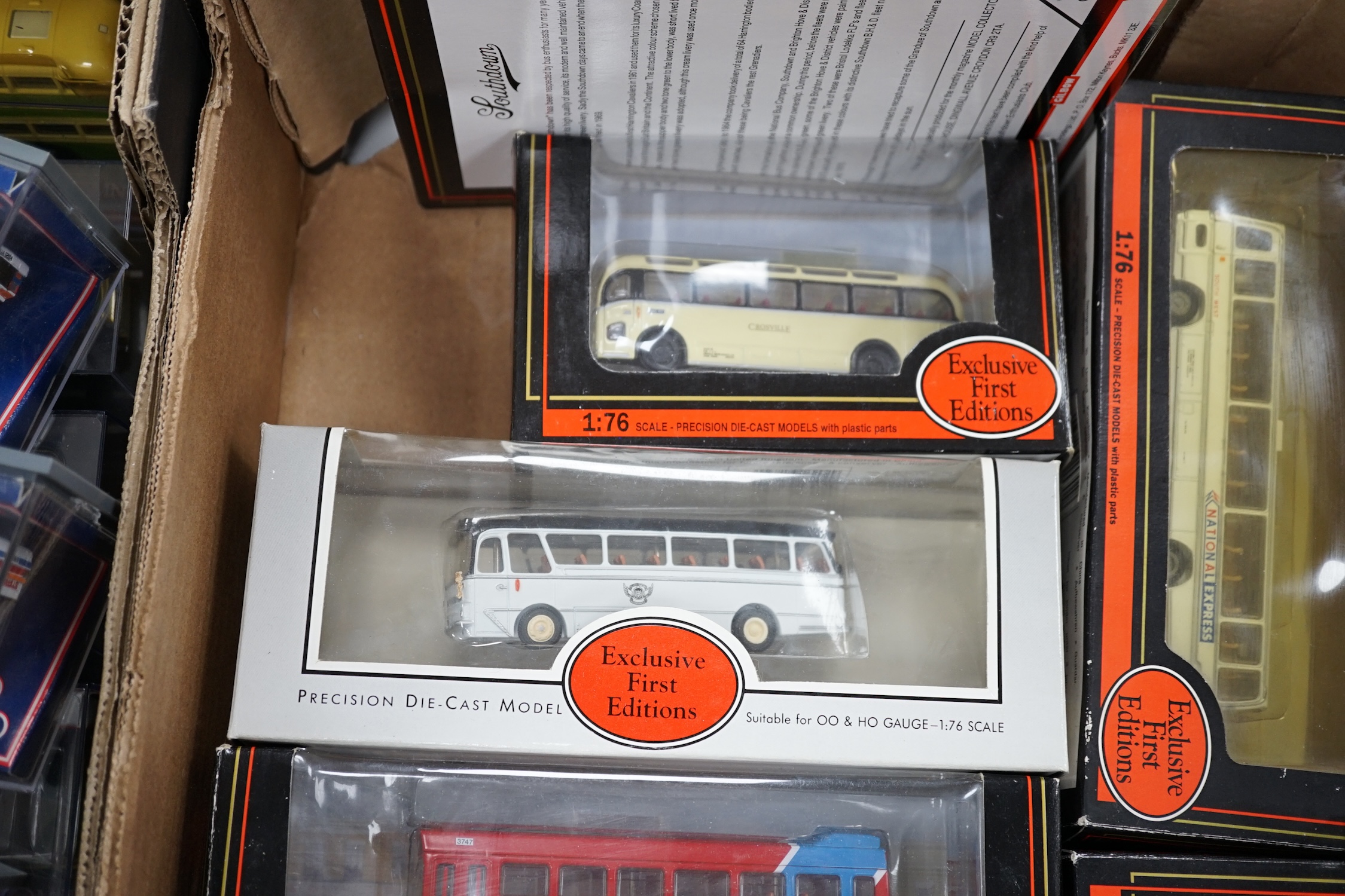 Thirty-two boxed EFE diecast buses, coaches, gift sets, etc. and one Britbus, operators including; East Kent, green line, Hants and Dorset, Southdown, National express, etc.
